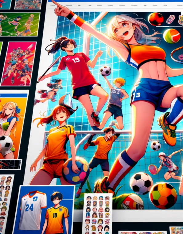 Collection de stickers manga colorés représentant des athlètes féminins pratiquant divers sports tels que le football, le tennis et l'escalade, illustrant dynamisme et diversité.